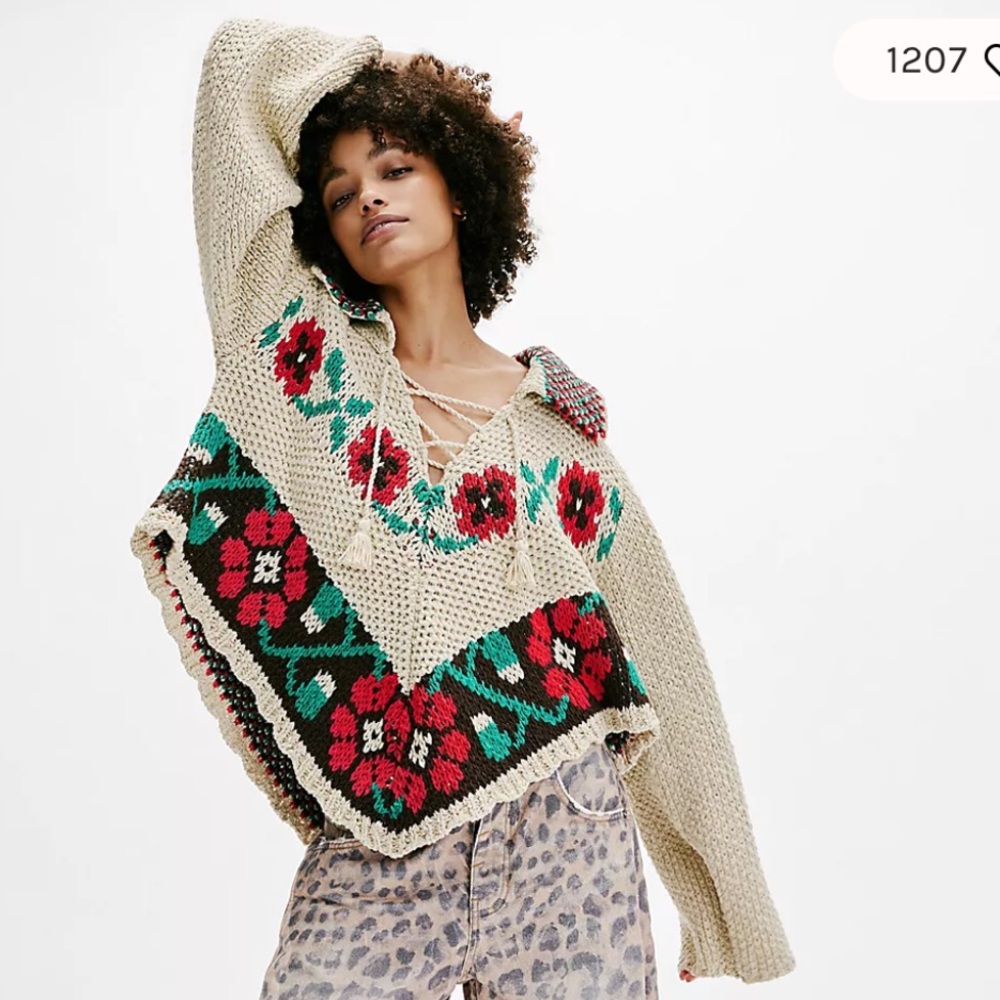 Free People Julie Girl Cream and Red Floral Knit Poncho - Picture 6 of 7